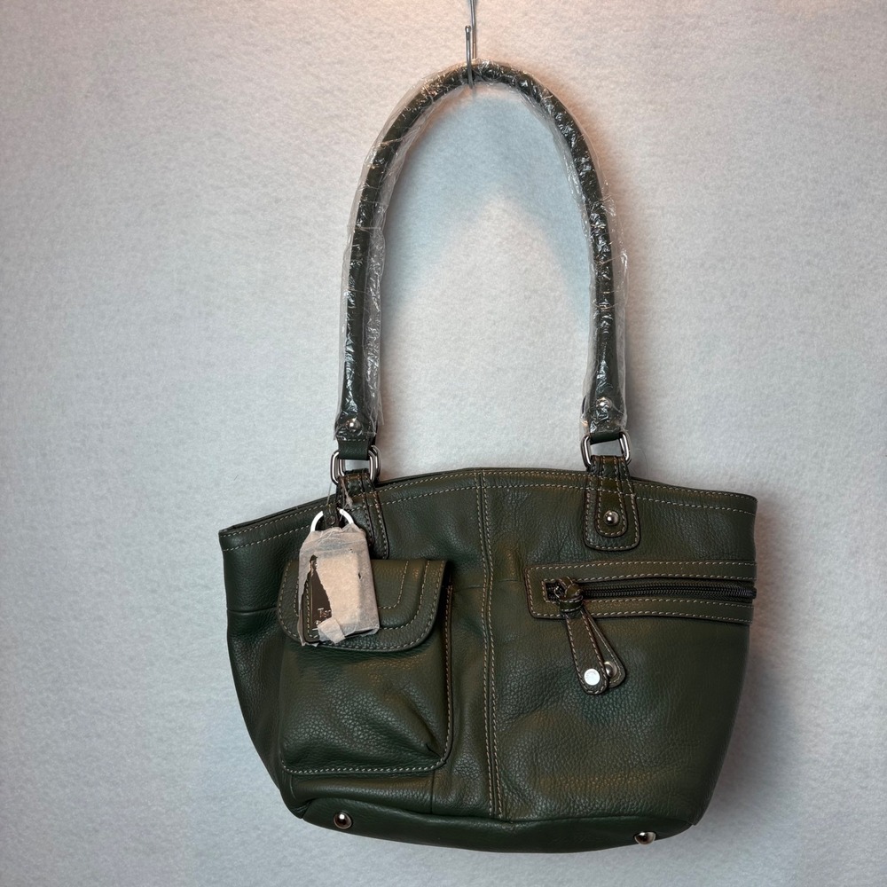 Tignanello Forest Green Pebbled Leather Multi Pocket Tote Shoulder Bag